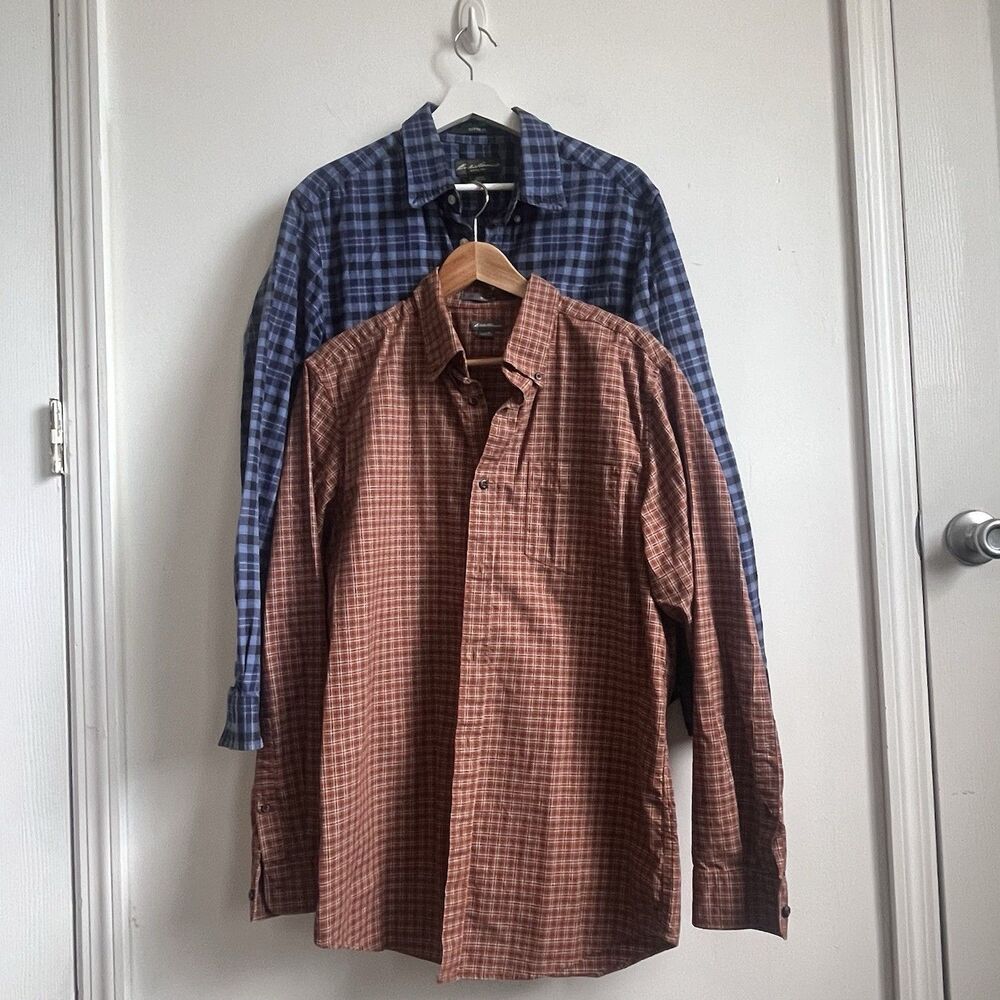 Eddie Bauer Mens Lot Of 2 Mens Long Sleeve Button Down Shirt M Brown Blue Relaxe